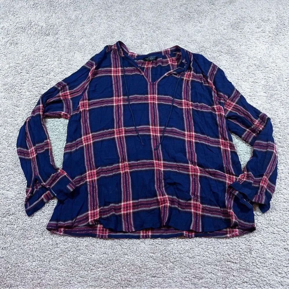 Lucky Brand Plaid Peasant Top Blouse Womens Size 1X Blue Red
